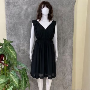Anthropologie Draped LBD midi Dress women’s 4 Black Crepe V Neck /back cinch tie